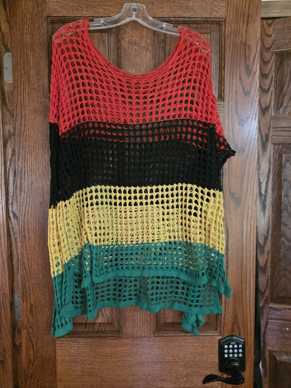 Colorblock Open-Knit Boho Festival Sweater Top in Red, Black, Yellow, Green